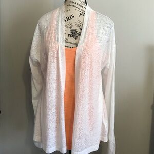 TEXTURED SHEER SUMMER LONG SLEEVE OPEN FRONT TOP SUPER SOFT WHITE SIZE LG